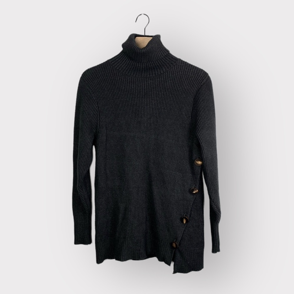 Zara Ribbed Knit Button Turtleneck Tunic Sweater